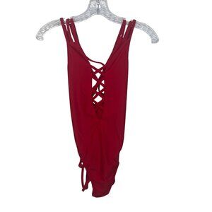 Sexy Lace Up One Piece Swimsuit Crisscross Straps Open Back Medium Red